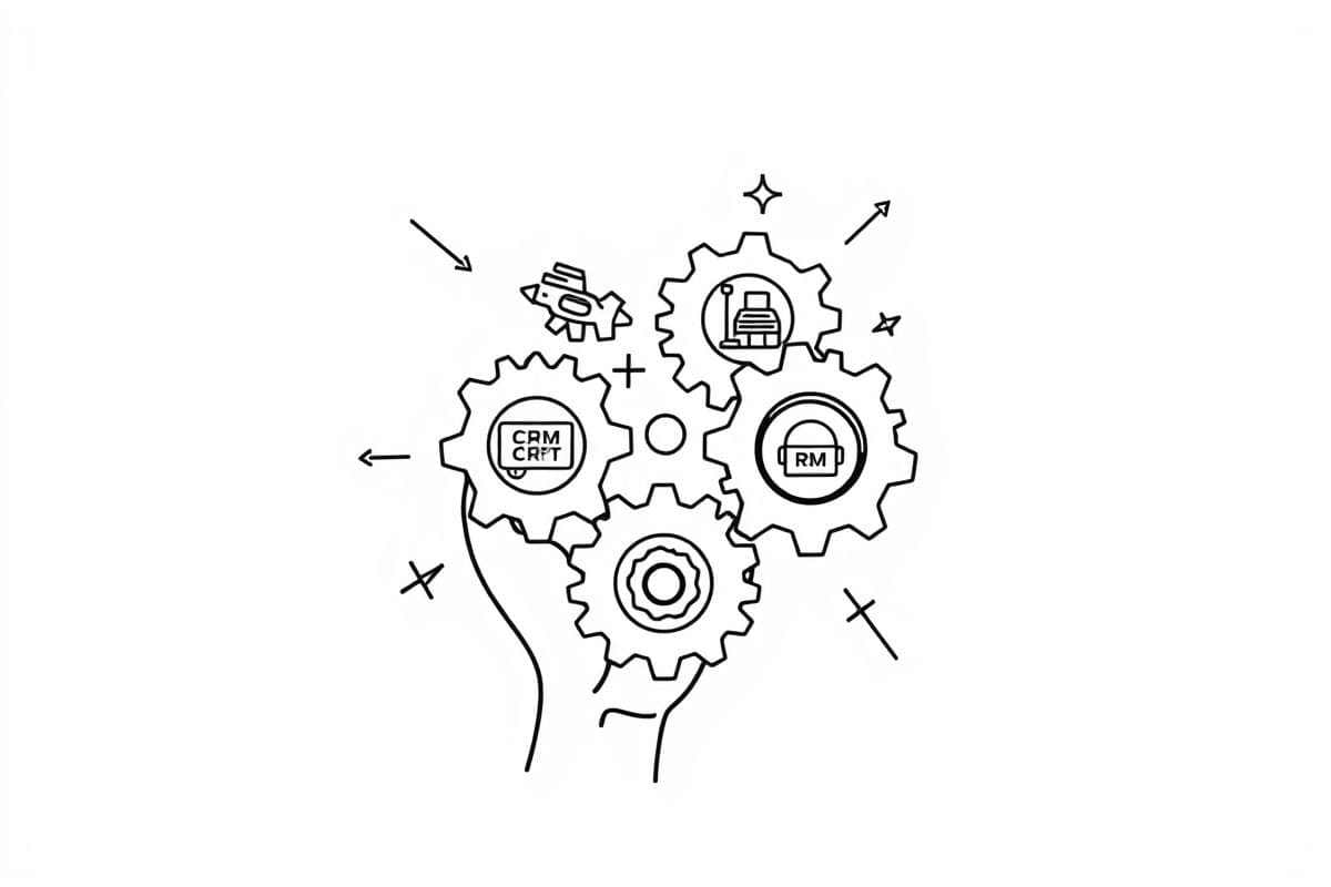 一个代表“构建工具栈”的极简线条插图，图中一只手正在组装象征着CRM、AI和营销自动化的齿轮。