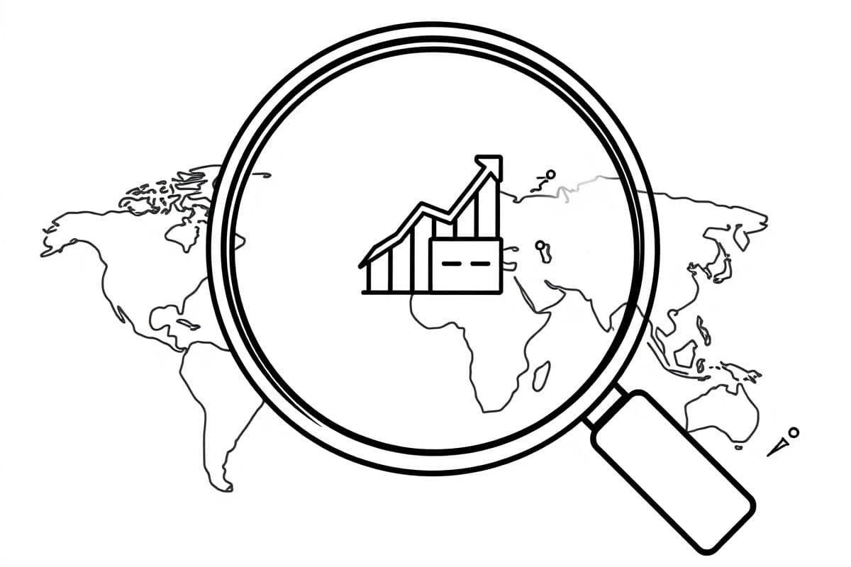 一张代表“AI选品与市场分析”的极简线条插图，图中一个放大镜正悬浮在世界地图上，内部展示着上升趋势图和产品图标。