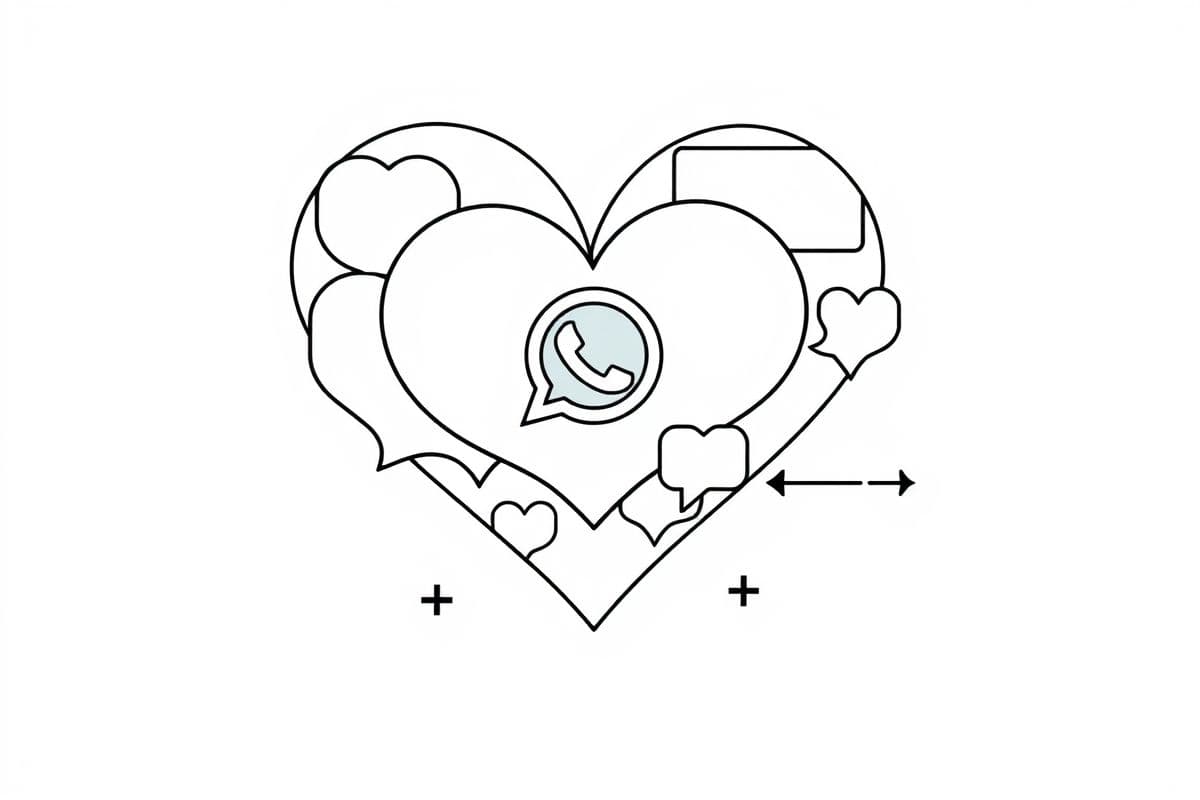 一个由聊天气泡组成的心形，中心是WhatsApp图标，象征着以沟通为核心的客户关系管理。